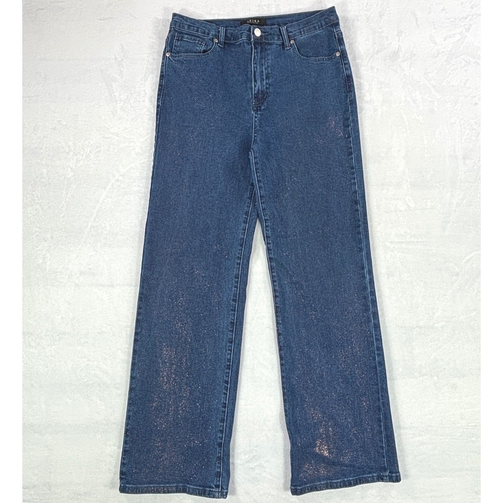 Akira Womens High Rise Straight Leg Glitter Metallic Splatter Jeans Blue 13 W30